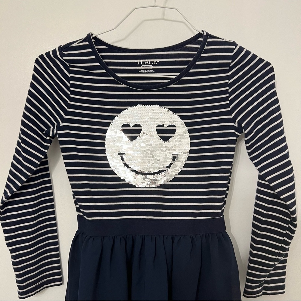 Girls Flip Sequin Dress Smiley Face Blue White Stripe The Childrens Place 7/8 M - Picture 1 of 11